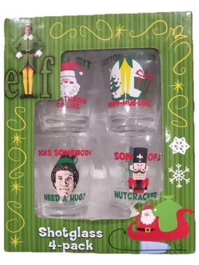 NIB Elf The Movie Shot Glasses 4-Pack Holiday Barware Set